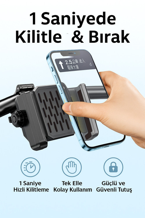 Telefon Tutucu Gidon Uyumlu, Tek Elle Kilitleme, 360° Ayarlı, Bisiklet-Motosiklet Mt-38 Siyah