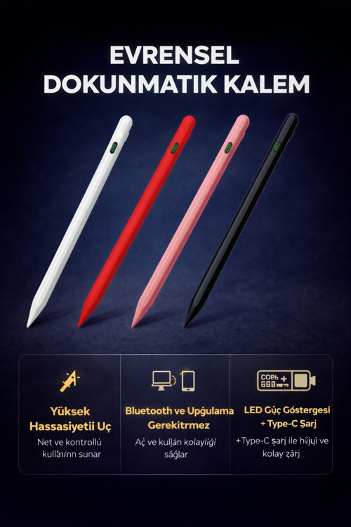 Universal Dokunmatik Stylus Kalem Type-C Şarjlı Led Göstergeli Hassas Uçlu Zr61