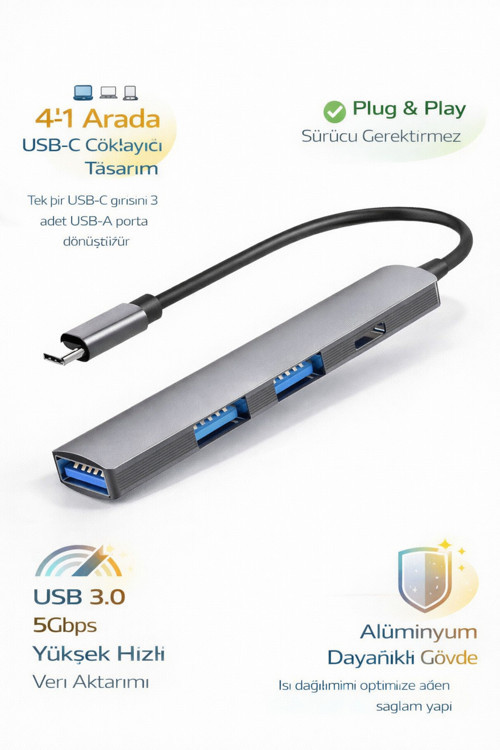 Usb-C 4İn1 Hub Çoklayıcı Usb 3.0 5Gbps 3 Port Usb-A Alüminyum Gövde Type-C Adaptör | Ef