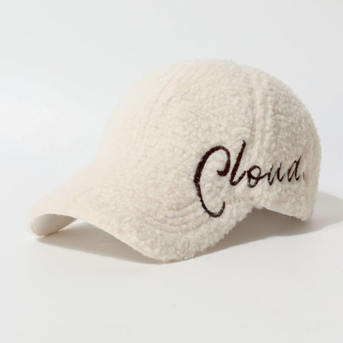 Peluş Şapka Kadın Erkek Unisex Kışlık Şapka Cloud Nakışlı Ayarlanabilir Teddy Şapka Beyaz