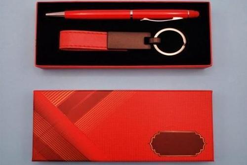 Kırmızı Deri Anahtarlık Kalem Hediyelik Set