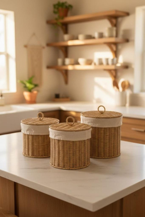 Rattan 3'lü Kapaklı Bezli Hasır Sepet Seti - Patates Soğan ve Ekmek Saklama Kabı