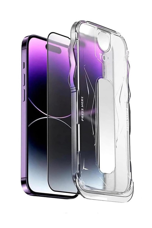 iPhone 16E Uyumlu Tam Kaplayan Siyah Çerçeveli Magic Ekran Koruyucu Cam Kolay Uygulama Aparatlı