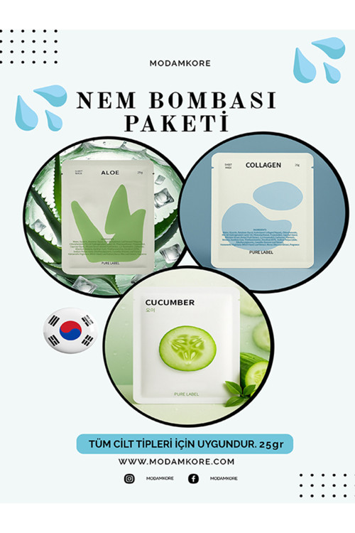Nem Bombası Paketi Salatalik & Aloe Vera & Kolajen 3'lü Kore Yüz Maskesi Seti