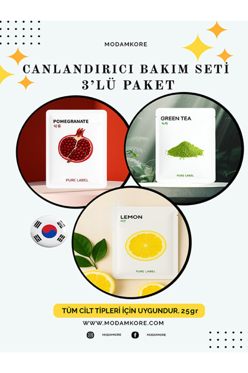 Canlandırıcı Bakım Seti Nar & Yeşil Çay & Limon 3'lü Kore Yüz Maskesi Seti