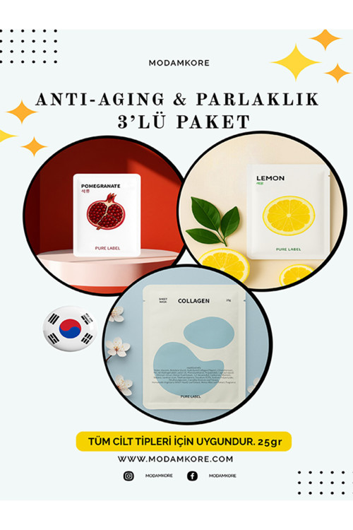 Anti-aging & Parlaklık Seti Kolajen & Limon & Nar 3'lü Kore Yüz Maskesi Seti