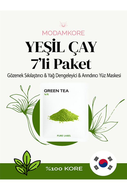 7'li Paket Yeşil Çay Kore Yüz Maskesi - Gözenek Sıkılaştırıcı&yağ Dengeleyici&arındırıcı