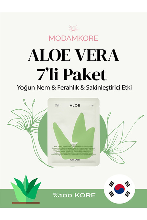 7'li Paket Aloe Vera Kore Yüz Maskesi – Yoğun Nem - Ferahlık - Sakinleştirici Etki