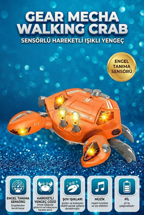 Işıklı, Pilli, Müzikli, Yürüyen, Engelden Kaçan Mekanik Kıskaçlı Akıllı Yengeç Oyuncak TURUNCU