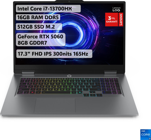 LOQ Intel Core i7 13700HX 16GB 512GB SSD RTX5060 Freedos 17.3" Taşınabilir Bilgisayar 83JH00BQTR
