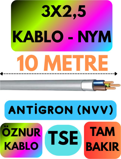 Öznur 3X2,5 ANTİGRON (NYM) Kablo (Gri) Metre Seçenekli 10 METRE