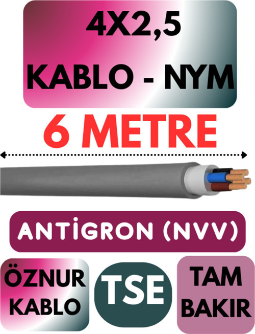 Öznur 4X2,5 ANTİGRON (NYM) Kablo (Gri) Metre Seçenekli 6 METRE