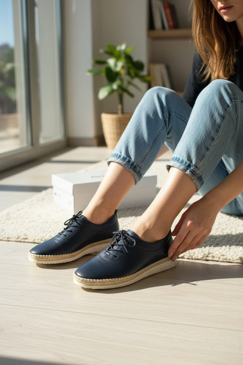 Hakiki Deri Hasır Biye Detaylı Bağcıklı Ortopedik Comfort Ayakkabı