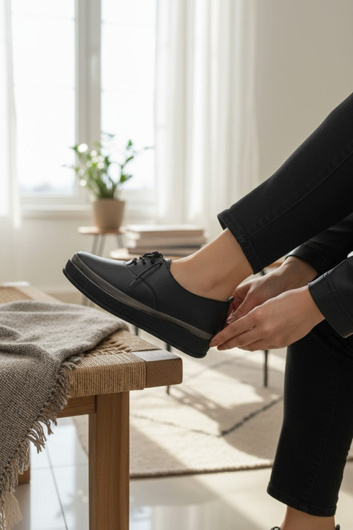 Hakiki Deri Antrasit Metalik Dokulu ve Bağcıklı Ortopedik Comfort Ayakkabı