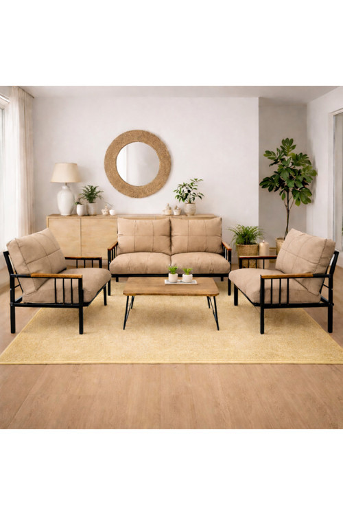 Milas 211 Sehpalı Açık Kahve Fermuarlı Bahçe Balkon Takımı, Cafe, Salon - Metal Kanepe Koltuk Takımı