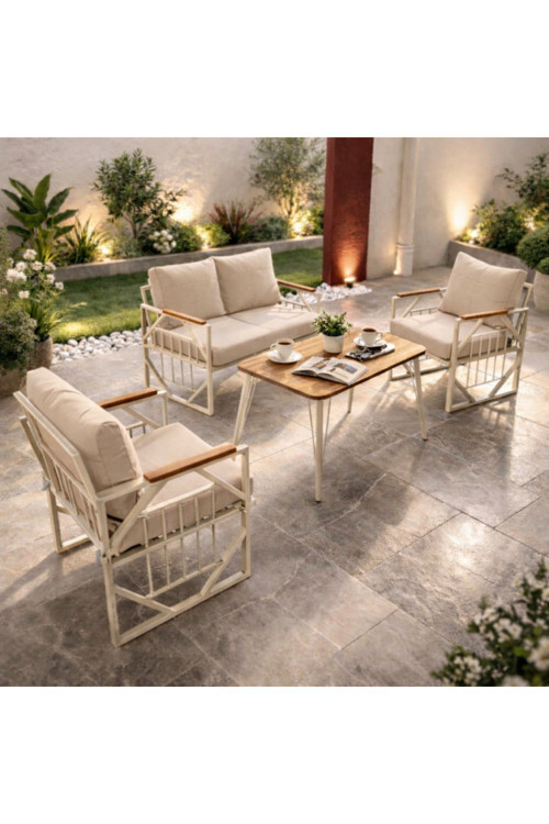 Violet Krem 2+1+1 Masalı Bej Bahçe Oturma Grubu Minderli Metal Ahşap Detaylı Balkon Teras Takımı