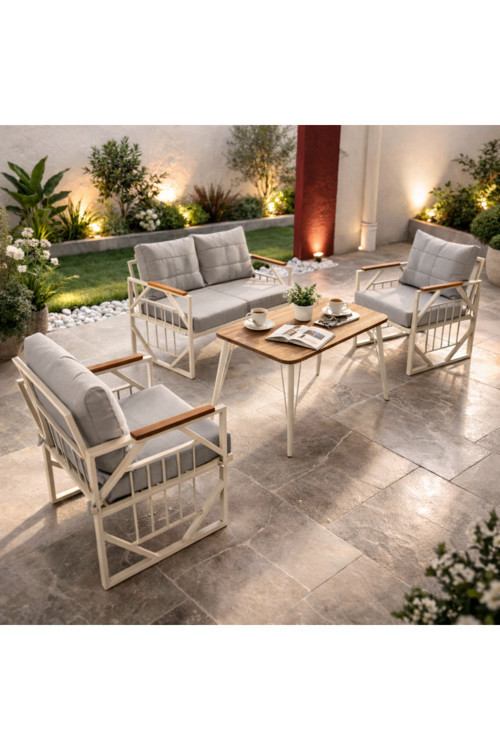 Violet Krem 2+1+1 Masalı Gri Bahçe Oturma Grubu Minderli Metal Ahşap Detaylı Balkon Teras Takımı