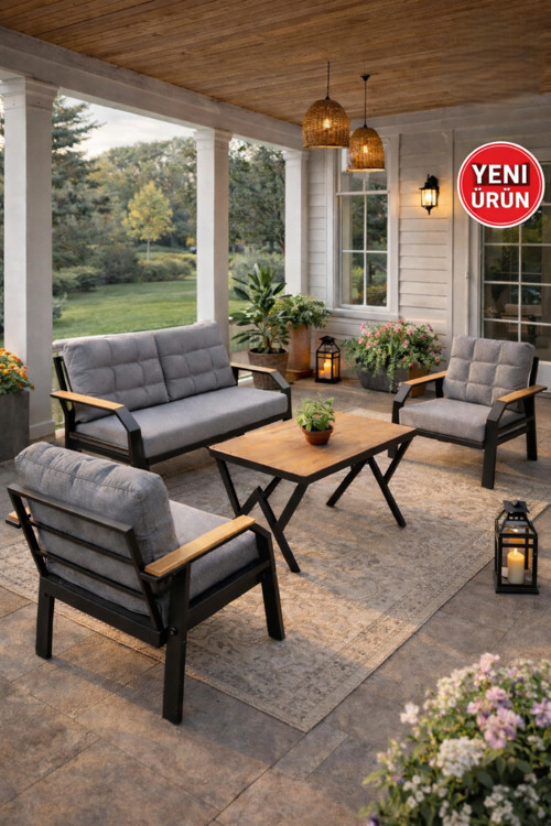 Ard & Garden Kavacık 2+1+1 Masalı Gri Bahçe Oturma Takımı Balkon, Teras, Veranda, Minderli Metal Koltuk Takımı