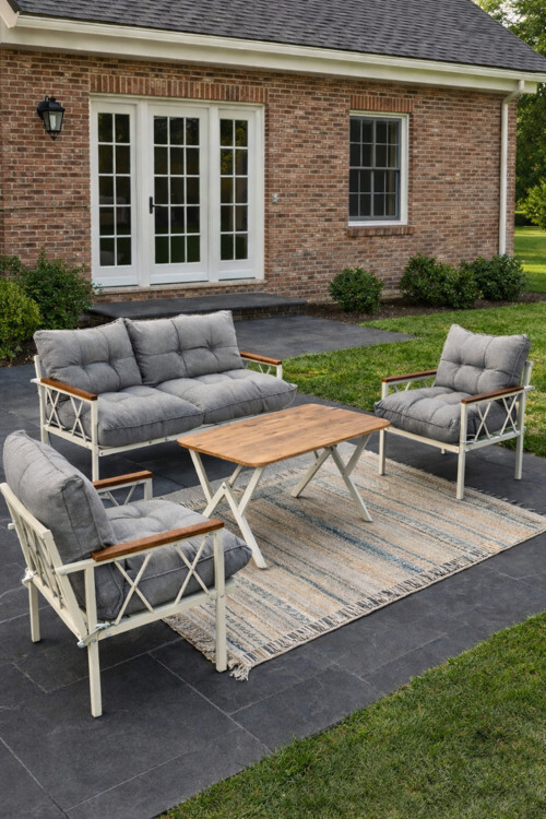 Miray Krem 211 Masalı Gri Fermuarlı Düğmeli Bahçe Oturma Grubu Balkon Oturma Takımı Salon Teras