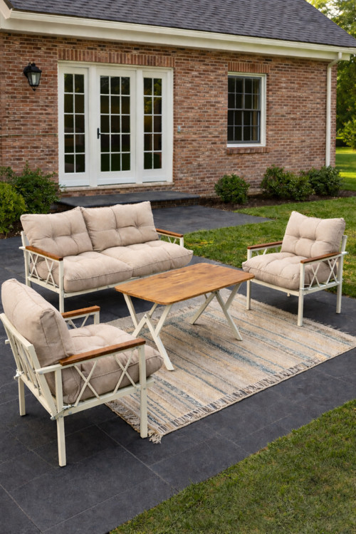 Miray Krem 211 Masalı Bej Fermuarlı Düğmeli Bahçe Oturma Grubu Balkon Oturma Takımı Salon Teras