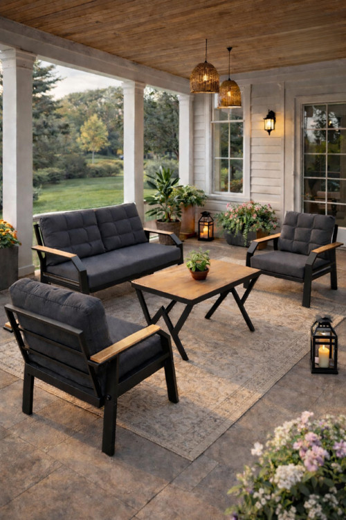 Ard & Garden Kavacık 2+1+1 Masalı Gri Bahçe Oturma Takımı Balkon, Teras, Veranda, Minderli Metal Koltuk Takımı