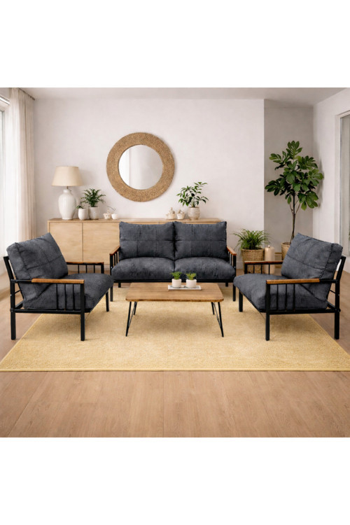 Milas 211 Sehpalı Antrasit Fermuarlı Bahçe Balkon Takımı, Cafe, Salon - Metal Kanepe Koltuk Takımı