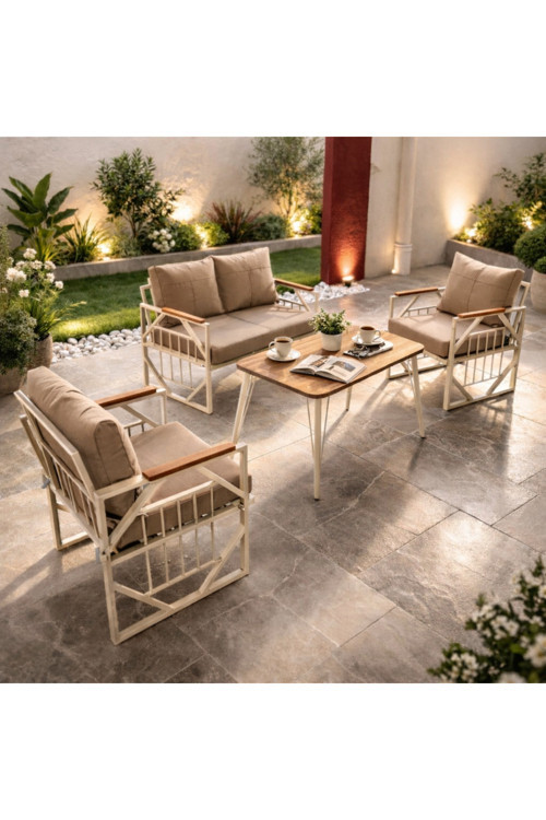 Violet Krem 2+1+1 Masalı Bahçe Oturma Grubu Minderli Metal Ahşap Detaylı Balkon Teras Takımı