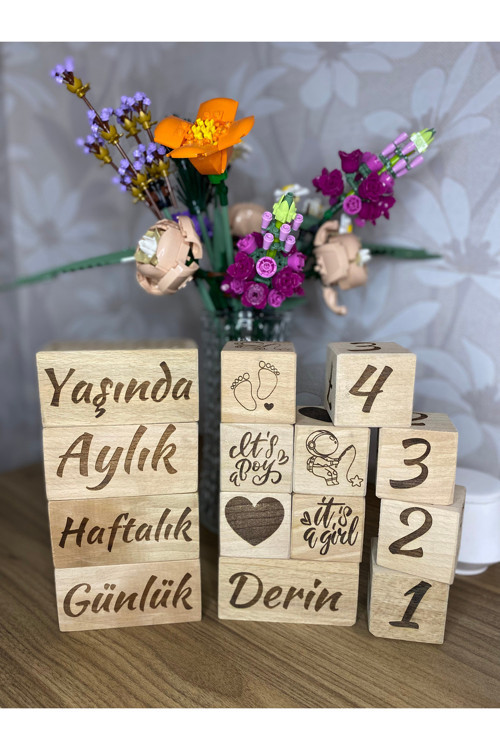 isimli bebek anne anı küpü dekor 5'li set isimli ahşap bebek anı küpleri lazer ile yazım