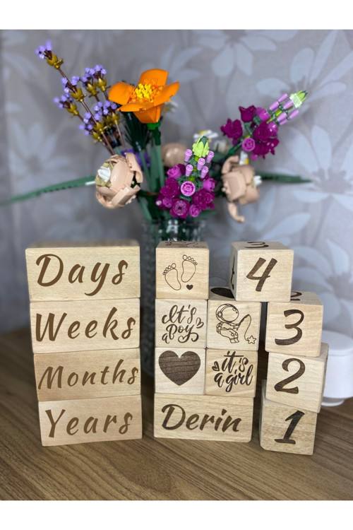 isme özel ingilizce anı küpleri 5'li set doğal kayın ahşap lazer yazım anne bebek hatıra