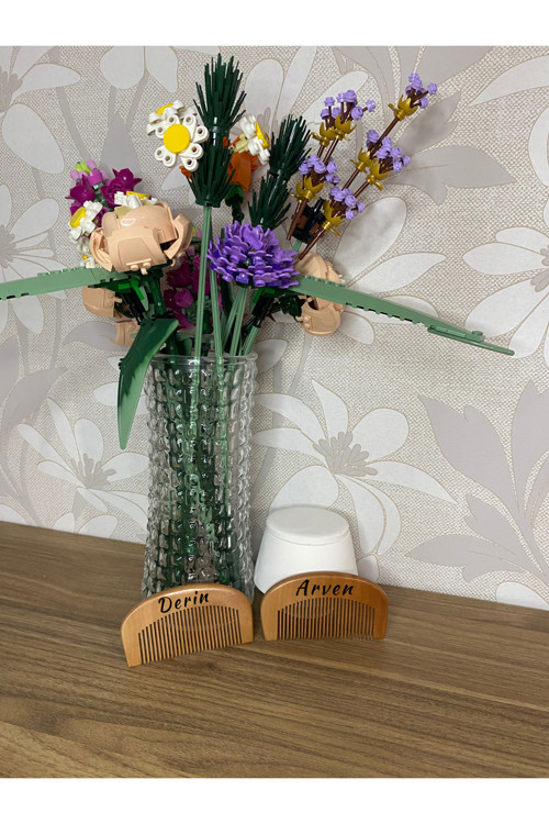 İkiz Bebekler İçin İsme Özel Yazım 2'li Ahşap Şimşir Tarak Set