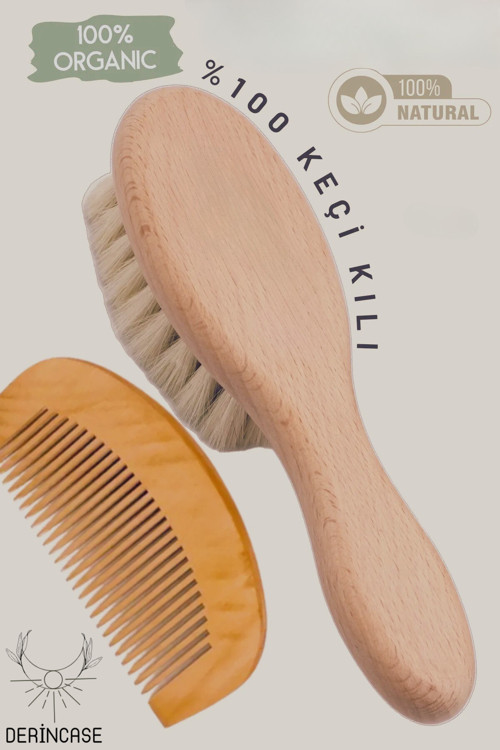 %100 Keçi Kılı Bebek Saç Fırçası ve Bebek Şimşir Tarak 2'li Set + Bez Kese Hediyeli