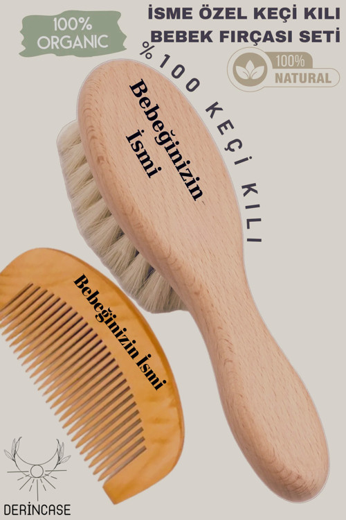 Lazer Yazım İsme Özel %100 Doğal Ve Yumuşak Keçi Kılı Fırça Ve Ahşap Tarak Seti+Bez Kese Hediyeli