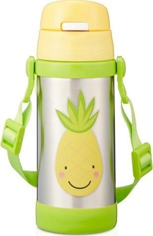 Çelik Termos Matara Pipetli Askılı Ananas Baskılı Sarı Yeşil Suluk 350 ML