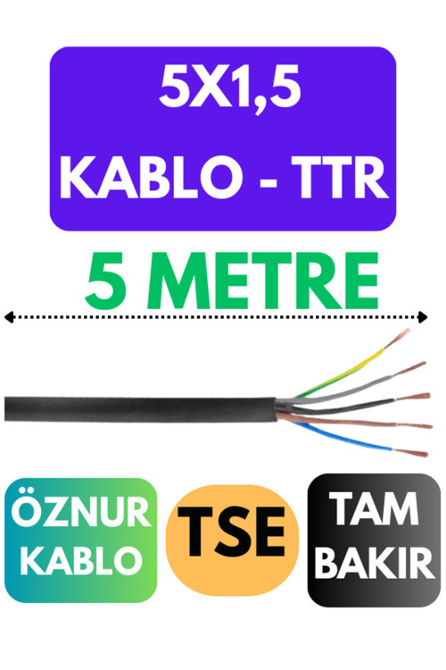 Öznur 5X1,5 TTR Kablo Metre Seçenekli (Siyah) 5 METRE