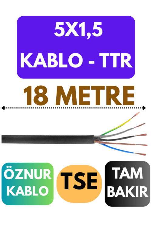Öznur 5X1,5 TTR Kablo Metre Seçenekli (Siyah) 18 METRE