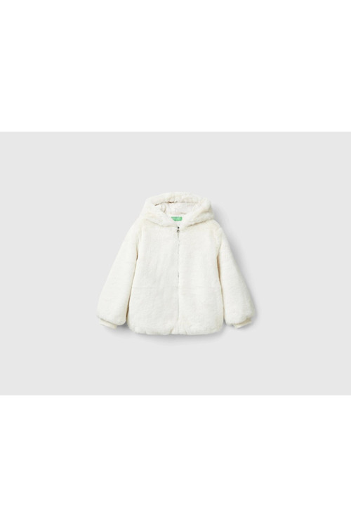 Kız Çocuk Ekru Logolu Fermuarlı Kapitone Astarlı Kapüşonlu Ceket