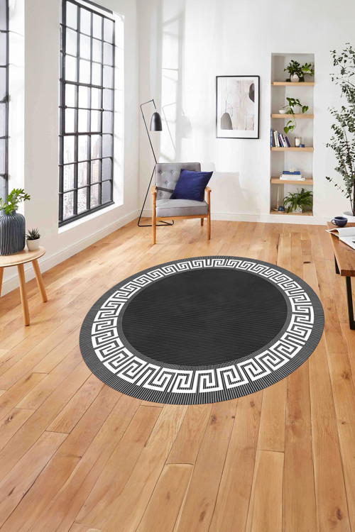 Çerçeveli Çizgi Detaylı Modern Yıkanabilir Kaymaz Taban Yuvarlak Salon Halısı