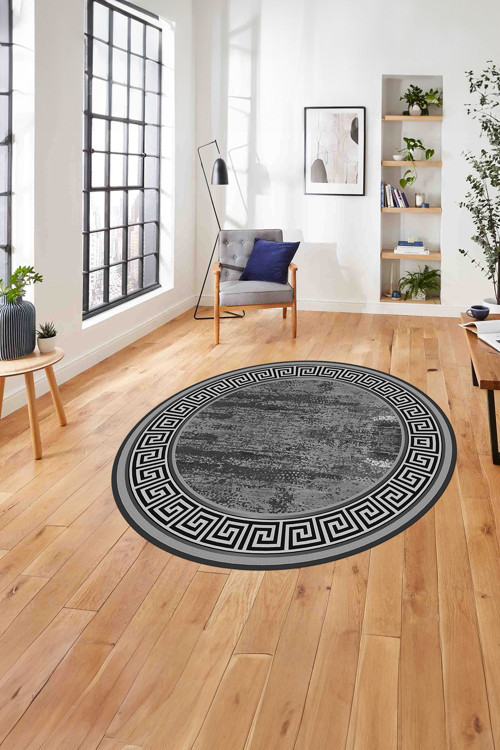 Çerçeveli Klasik Modern Baskılı Yıkanabilir Kaymaz Taban Yuvarlak Salon Halısı