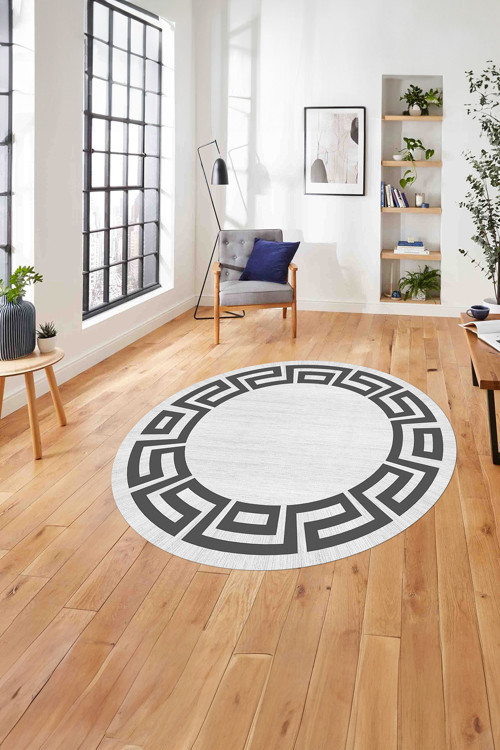 Çerçeveli Geometrik Kenar Detay Yıkanabilir Kaymaz Taban Yuvarlak Salon Halısı