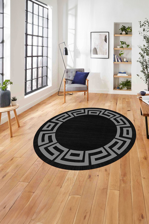 Çerçeveli Geometrik Kenar Detay Yıkanabilir Kaymaz Taban Yuvarlak Salon Halısı