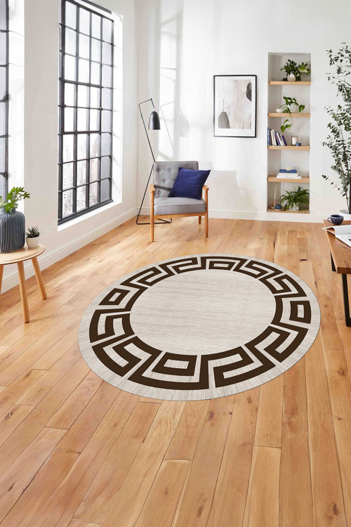 Çerçeveli Geometrik Kenar Detay Yıkanabilir Kaymaz Taban Yuvarlak Salon Halısı