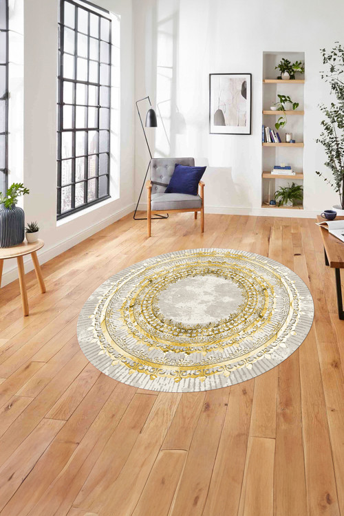 Çerçeveli Otantik Desen Yıkanabilir Kaymaz Taban Yuvarlak Salon Halısı