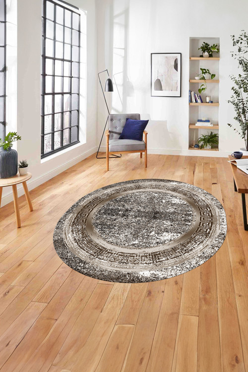 Çerçeveli Modern Sade Baskılı Yıkanabilir Kaymaz Taban Yuvarlak Salon Halısı