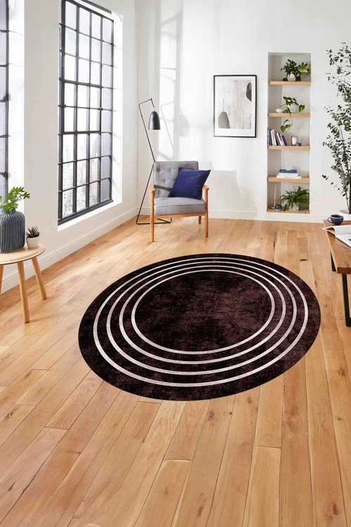 Çerçeveli Zigzag Köşe Detaylı Yıkanabilir Kaymaz Taban Yuvarlak Salon Halısı