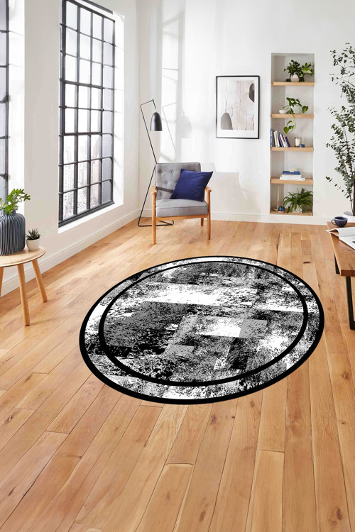 Çerçeveli Modern Dijital Baskılı Yıkanabilir Kaymaz Taban Yuvarlak Salon Halısı