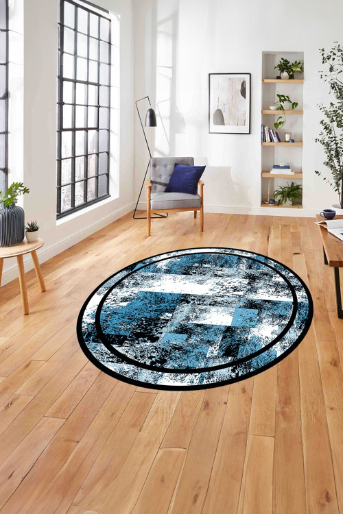 Çerçeveli Modern Dijital Baskılı Yıkanabilir Kaymaz Taban Yuvarlak Salon Halısı