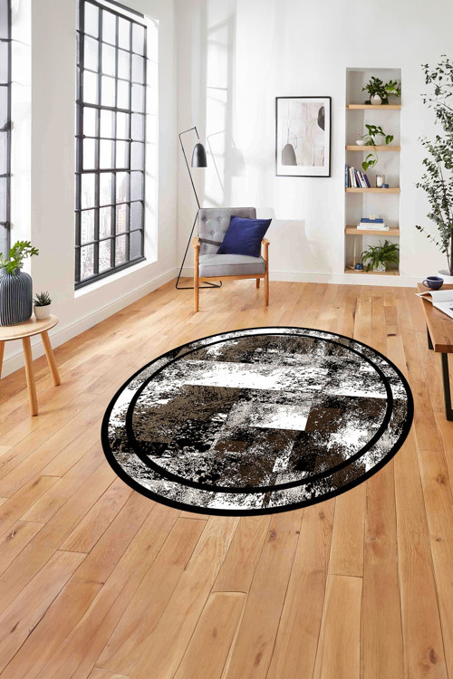 Çerçeveli Modern Dijital Baskılı Yıkanabilir Kaymaz Taban Yuvarlak Salon Halısı