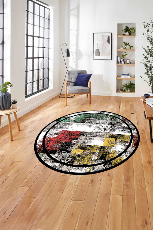 Çerçeveli Modern Dijital Baskılı Yıkanabilir Kaymaz Taban Yuvarlak Salon Halısı