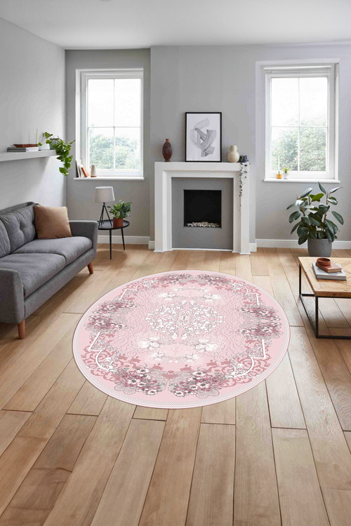 Baskılı Klasik Çiçek Figürlü Yıkanabilir Kaymaz Taban Yuvarlak Mutfak Salon Halısı