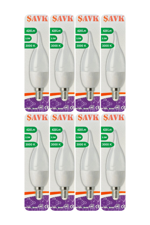 (8 Adet) Şavk 5,5W (37W) Sarı Işık (3000K) E14 Duylu (İnce Duy) Led Kıvrık Ampul
